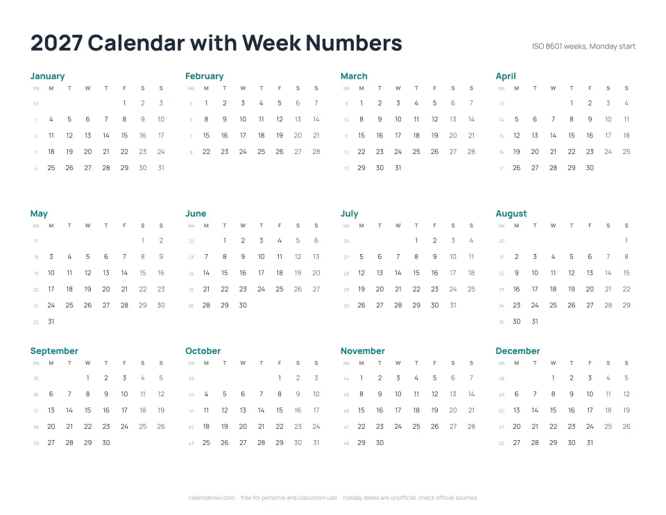 2027 calendar with ISO week numbers, printable preview