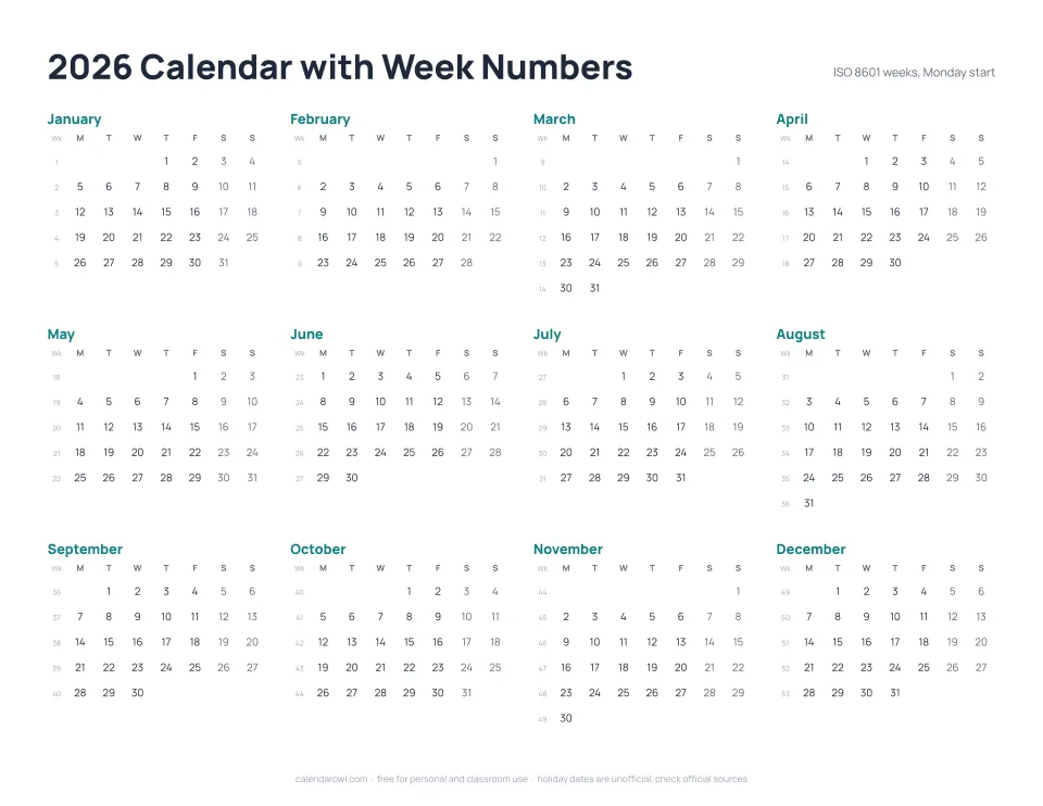 2026 calendar with ISO week numbers, printable preview