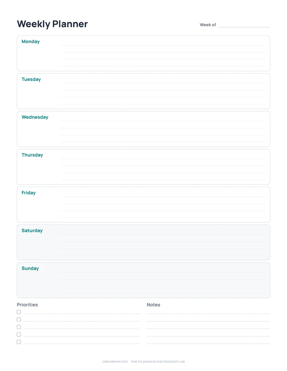 Undated weekly planner page with a row for each day, priorities and notes